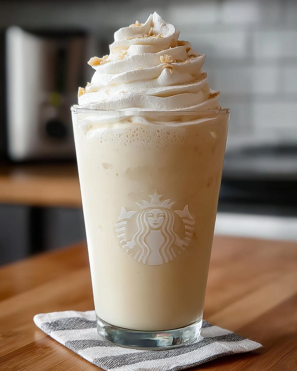 A tall glass of creamy Vanilla Bean Frappe topped with whipped cream and sprinkles.