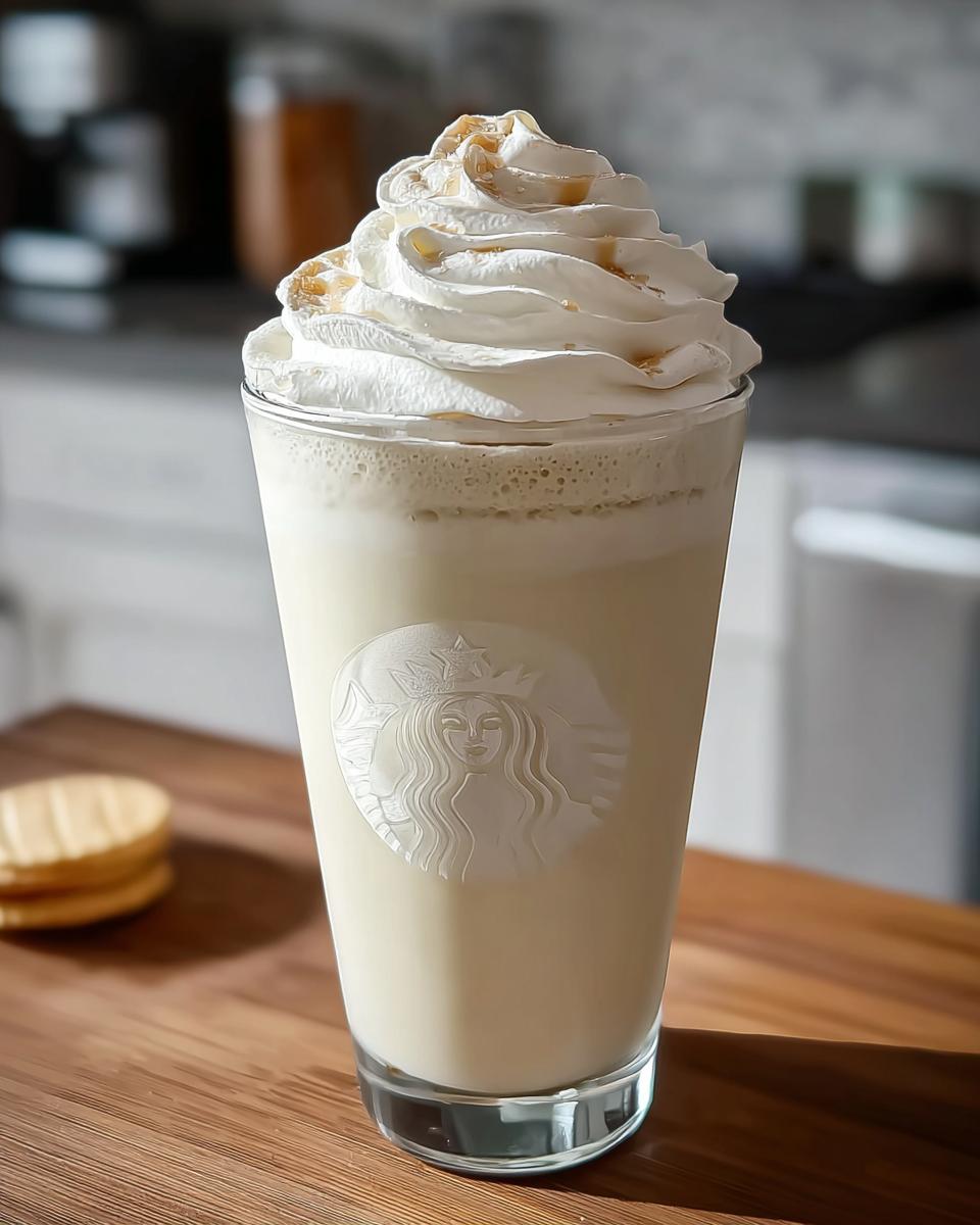 A tall glass of a creamy Vanilla Bean Frappe topped with whipped cream and caramel drizzle.