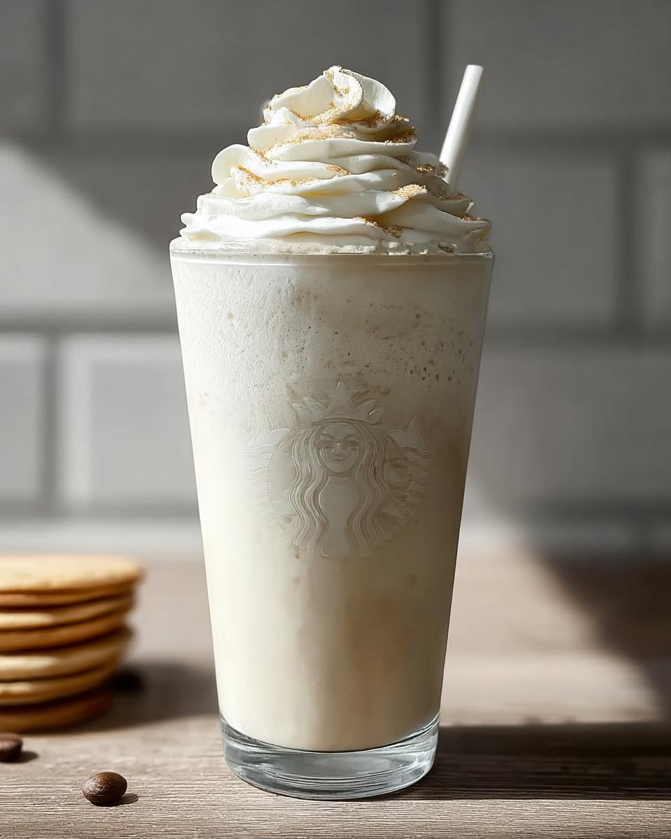 A tall glass of homemade Vanilla Bean Frappe topped with whipped cream and vanilla dusting.