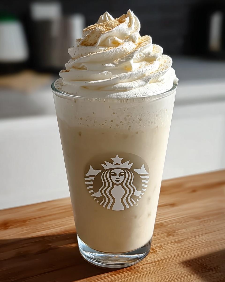 A tall glass of a creamy Vanilla Bean Frappe topped with whipped cream and vanilla bean powder.