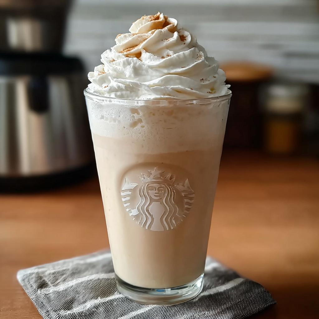 A tall glass of homemade Vanilla Bean Frappe topped with whipped cream and cinnamon.