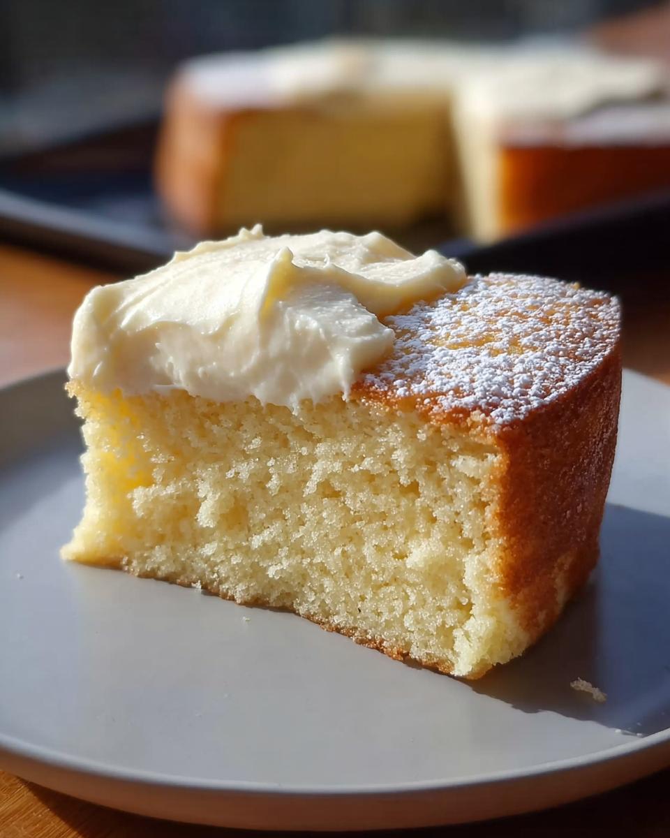 A close-up of a slice of light yellow vanilla cake topped with thick white frosting and powdered sugar, one of 15 genius cake ideas.