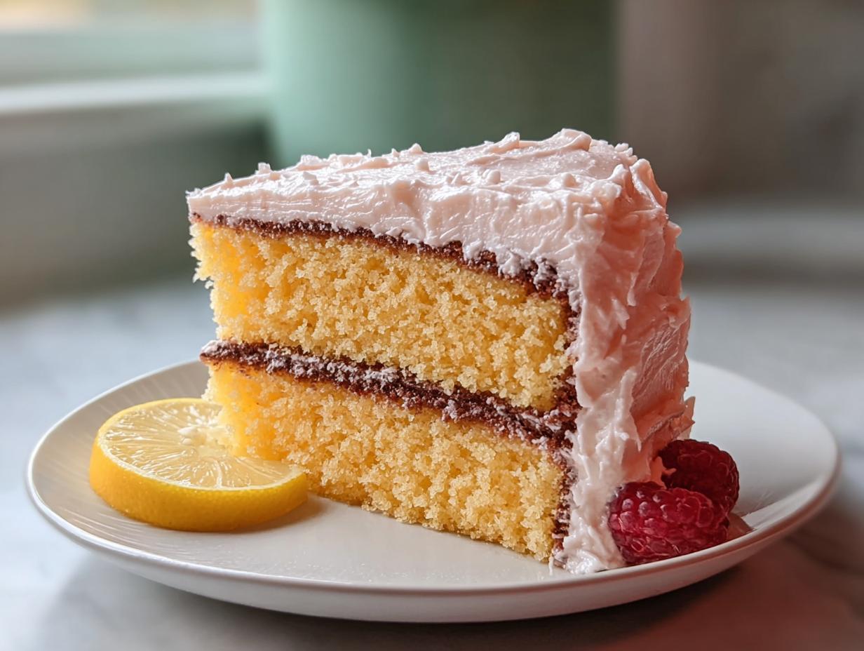A slice of moist yellow layer cake with pink frosting, garnished with lemon and raspberries, perfect for cake ideas recipes.
