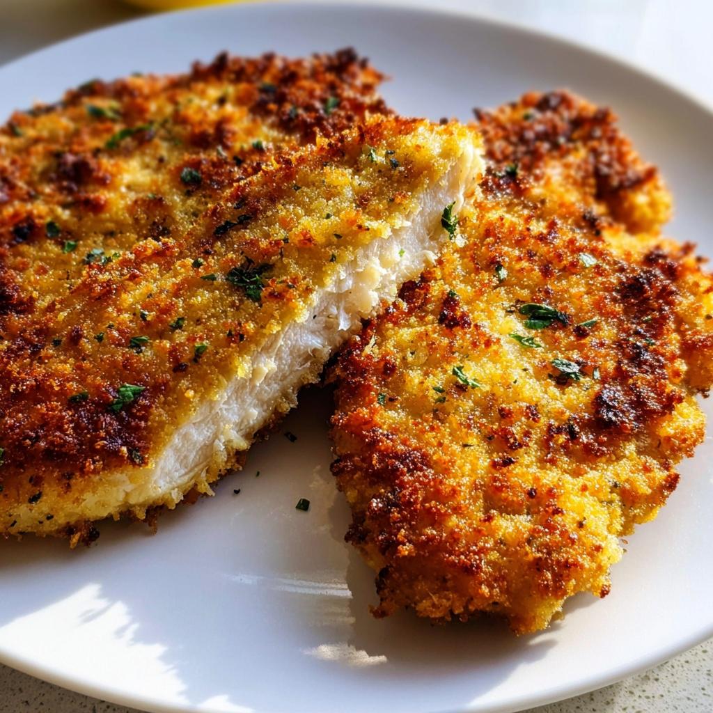 Close-up of Zesty Parmesan Chicken with Crispy Edges, showing a golden-brown crust and moist white interior.