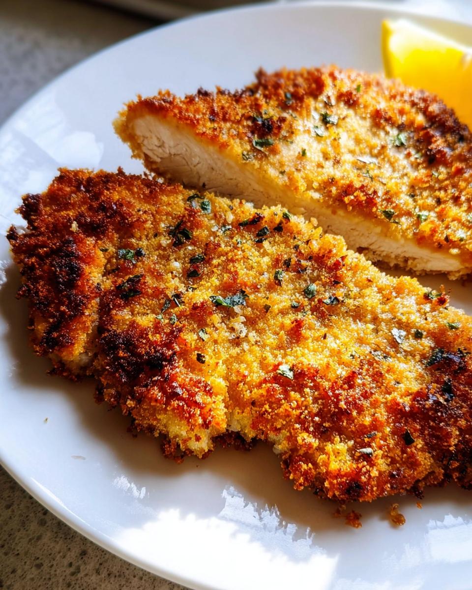 Two pieces of Zesty Parmesan Chicken with Crispy Edges, showing the golden-brown, crunchy coating and moist white interior.