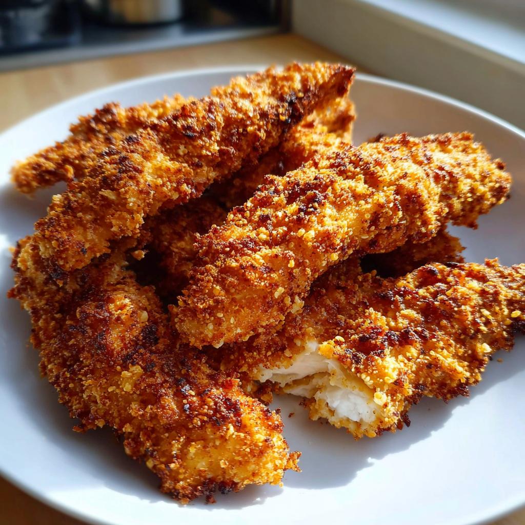 Close-up of golden brown Air Fryer Chicken Tenders with Crunchy Coating piled on a white plate.