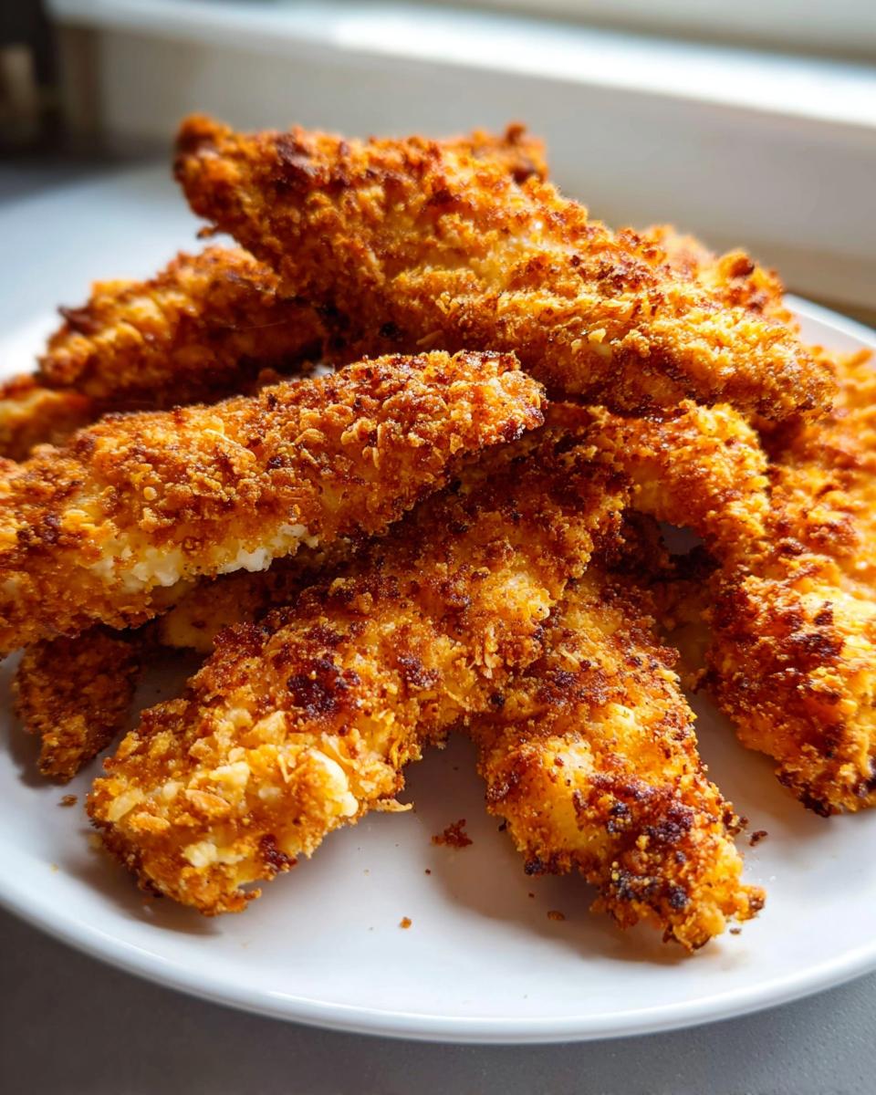 A close-up of golden brown Air Fryer Chicken Tenders with Crunchy Coating piled high on a white plate.