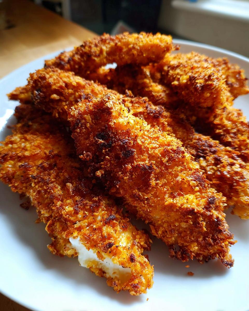 Close-up of golden brown Air Fryer Chicken Tenders with a very crunchy coating piled on a white plate.