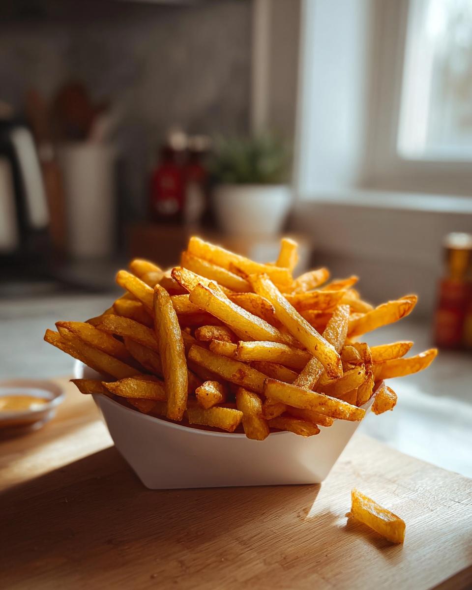 A white bowl overflowing with golden brown Air Fryer Crispy Fries with Fluffy Centers, sitting on a wooden board.
