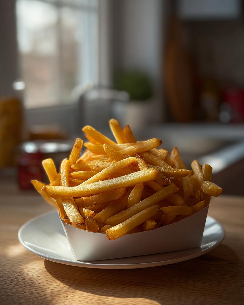 A generous serving of golden Air Fryer Crispy Fries with Fluffy Centers in a white paper boat on a plate.