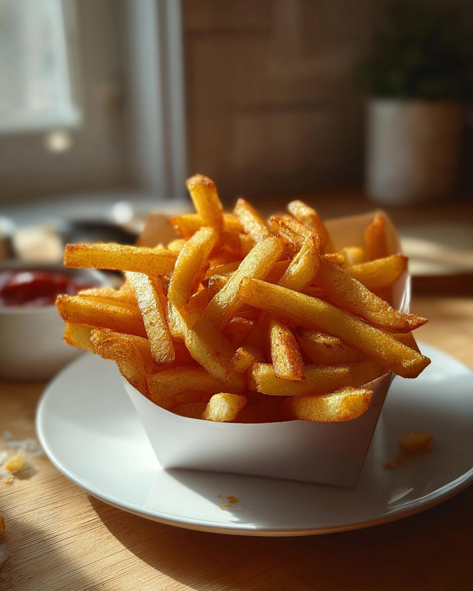 Golden brown Air Fryer Crispy Fries served upright in a white paper container on a white plate.