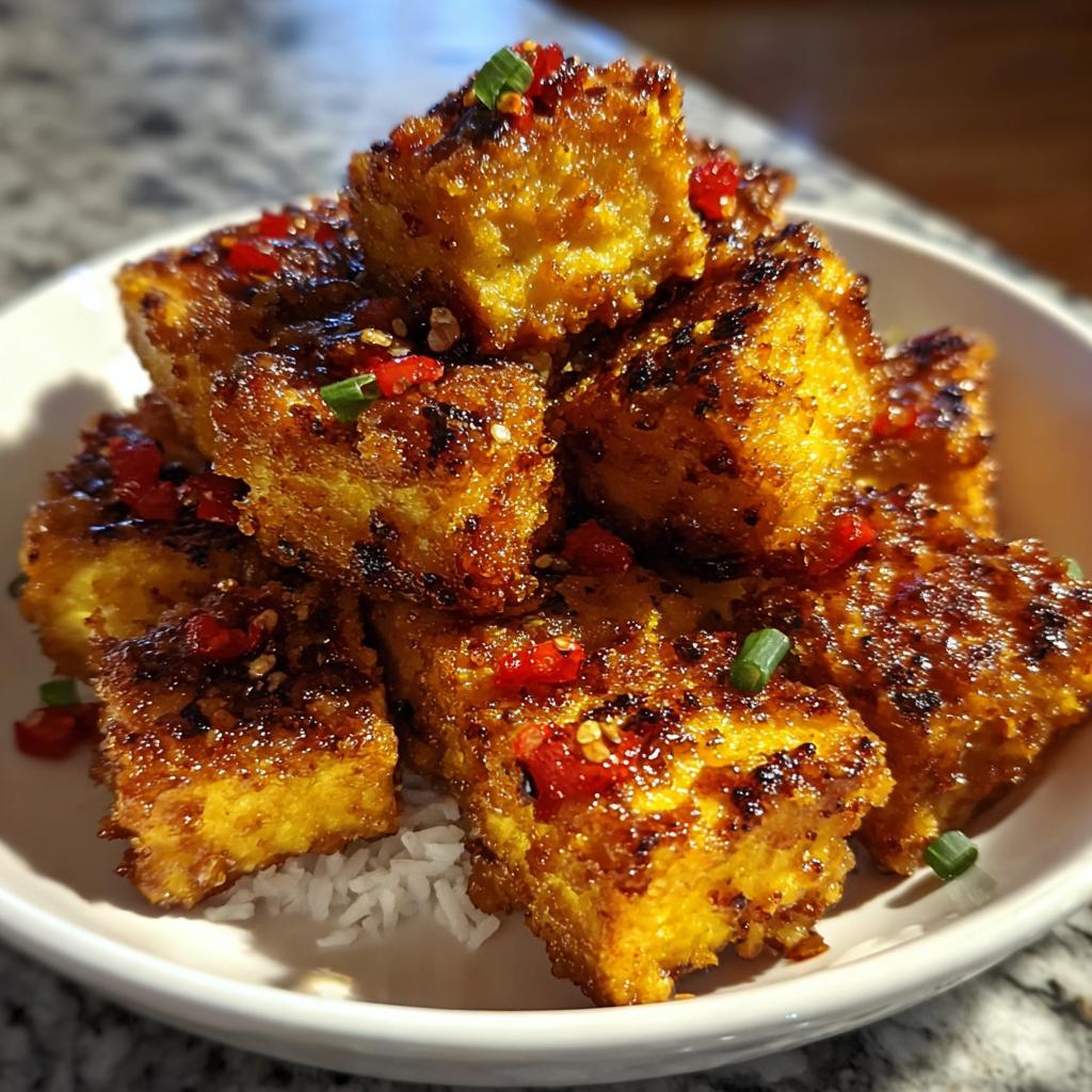 Close-up of golden Air Fryer Crispy Tofu cubes drizzled with savory sauce and topped with chili flakes.