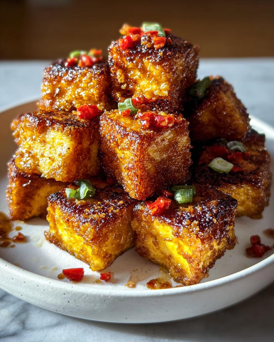 Stack of golden brown Air Fryer Crispy Tofu cubes coated in a shiny savory sauce and topped with chili and scallions.