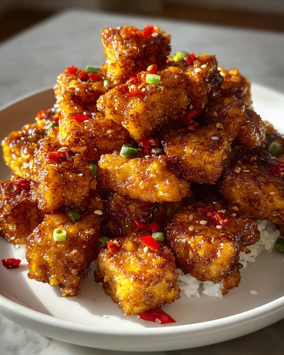 A mound of Air Fryer Crispy Tofu cubes coated in a glossy, savory sauce, garnished with chili and green onion.