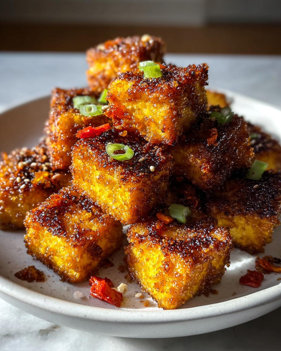 A close-up stack of golden brown Air Fryer Crispy Tofu cubes, coated in savory sauce and garnished with green onions.