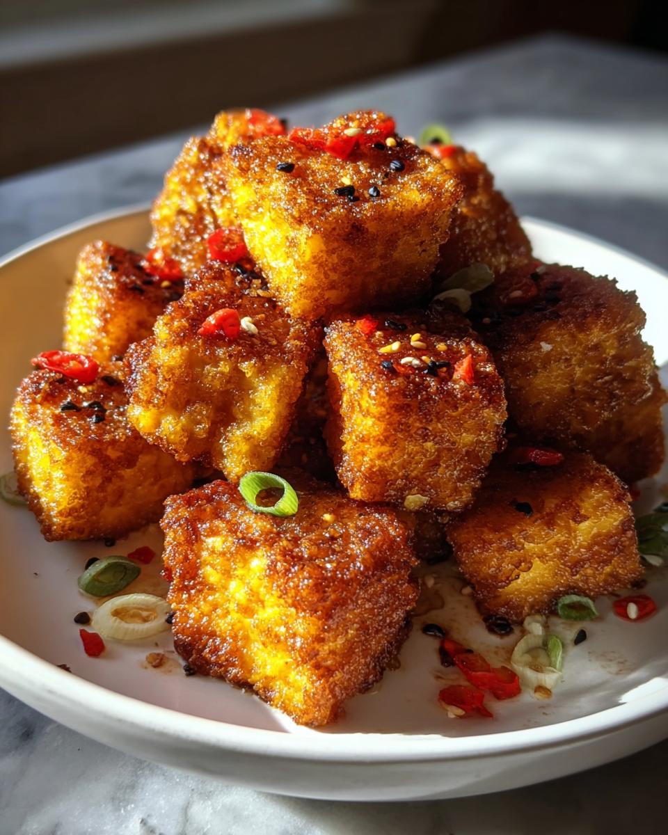 A stack of golden brown Air Fryer Crispy Tofu cubes glistening with savory sauce and topped with sesame seeds and chili.