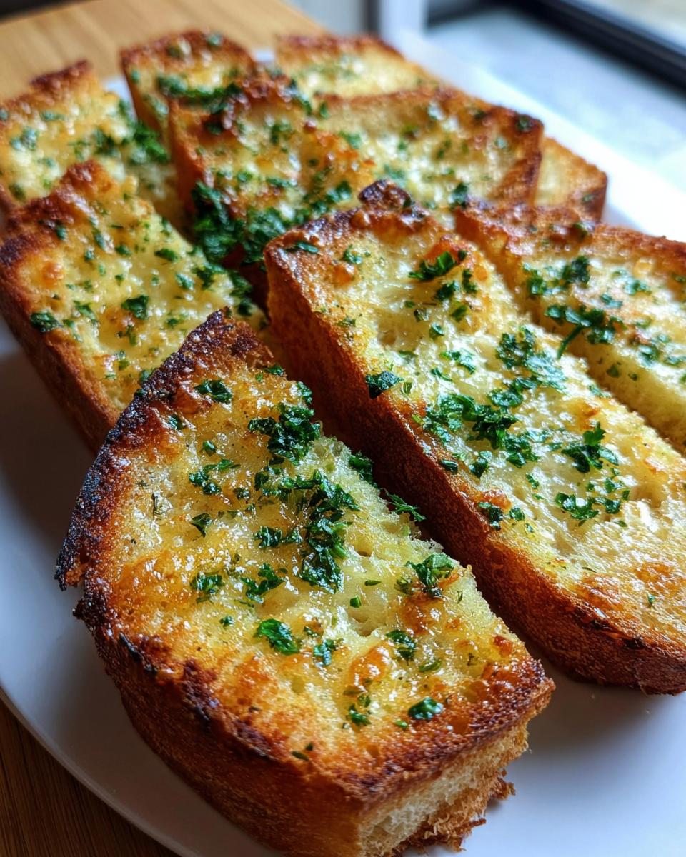 Close-up of several golden brown slices of Air Fryer Garlic Bread with Melty Cheese topped with fresh parsley.