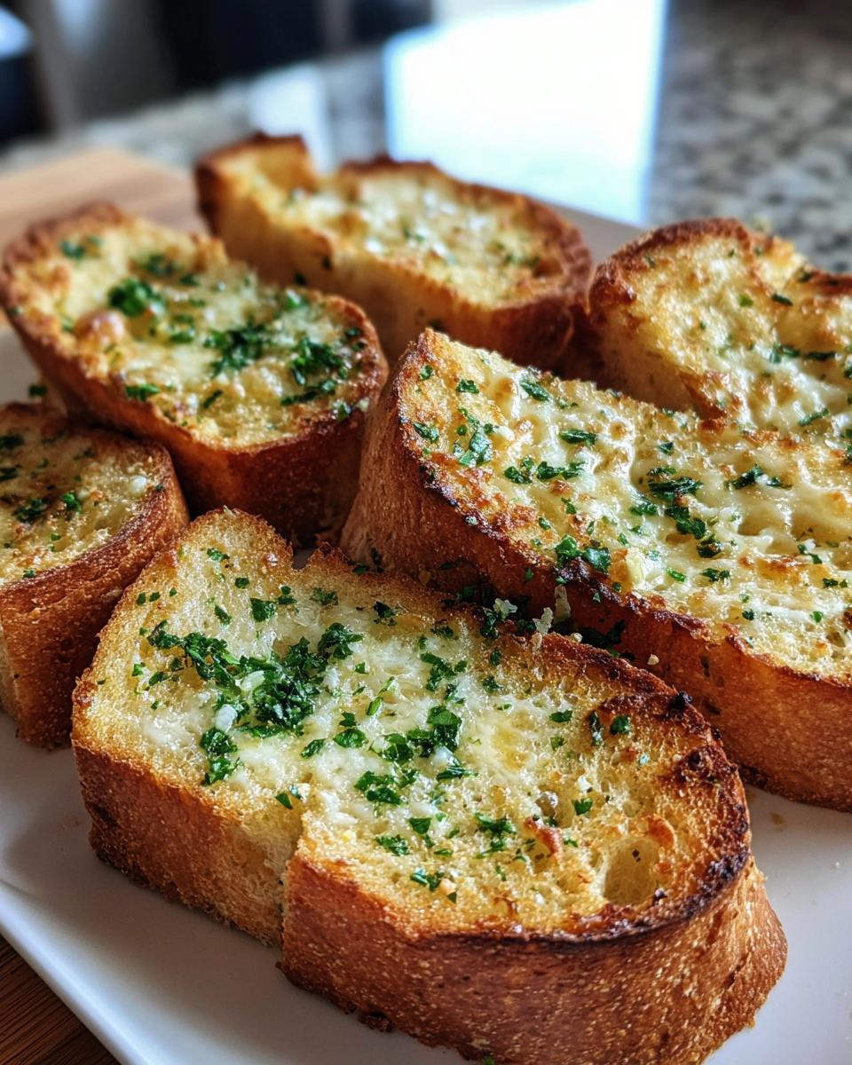 Close-up of golden brown Air Fryer Garlic Bread with Melty Cheese, topped with fresh parsley.