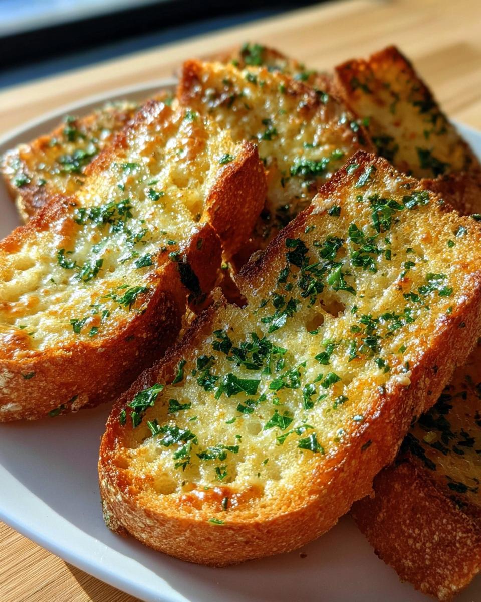 Close-up of golden, toasted slices of Air Fryer Garlic Bread with Melty Cheese, topped with fresh green parsley.