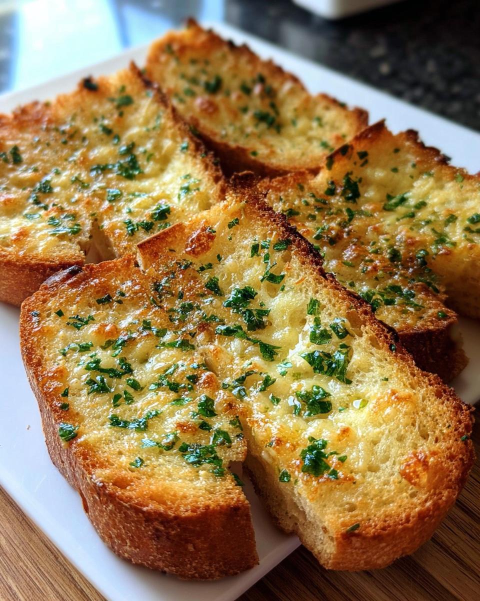 Close-up of four golden slices of Air Fryer Garlic Bread with Melty Cheese topped with fresh parsley.