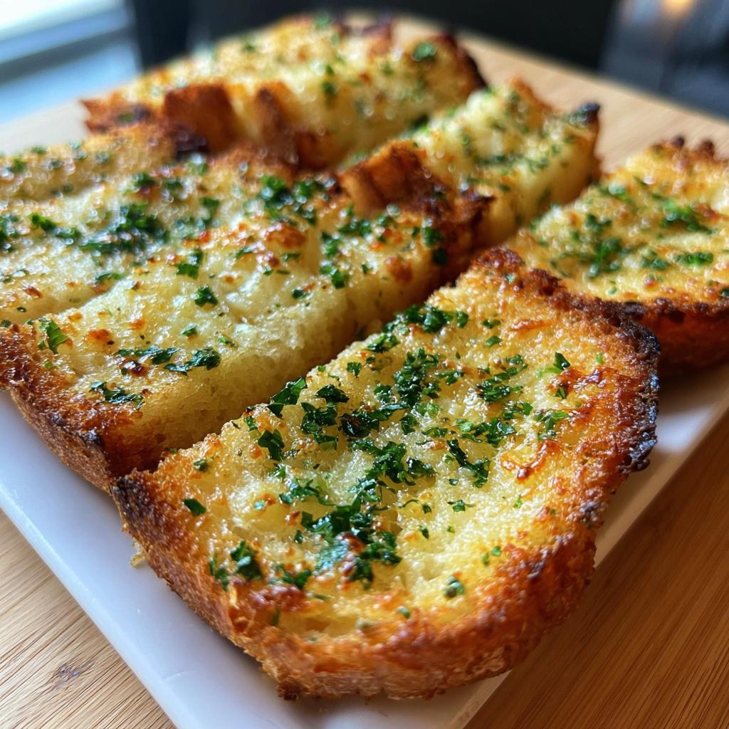 Close-up of golden-brown Air Fryer Garlic Bread with Melty Cheese, topped with fresh parsley.