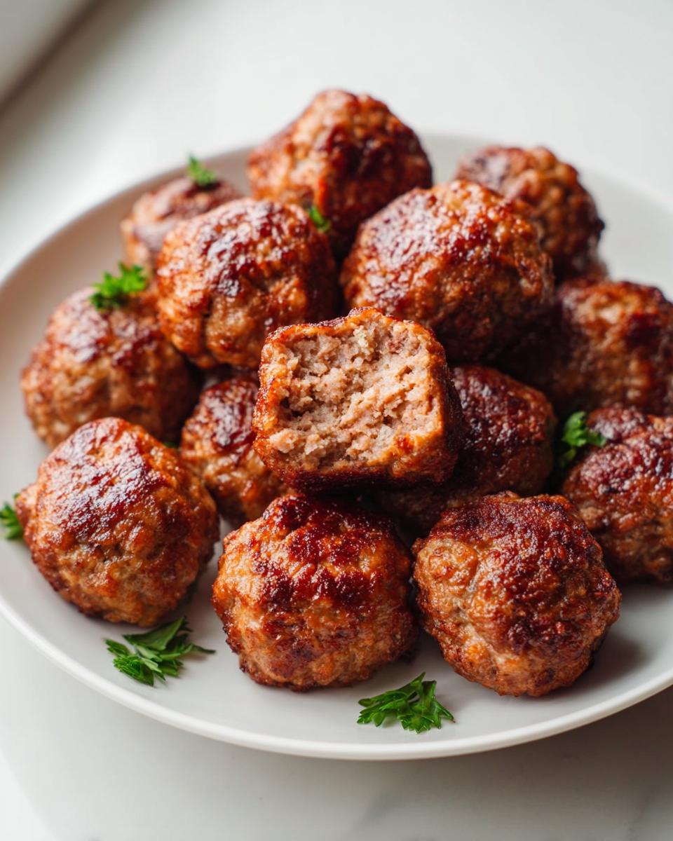 A pile of browned Air Fryer Meatballs with Juicy Texture, one cut open to show the moist interior.