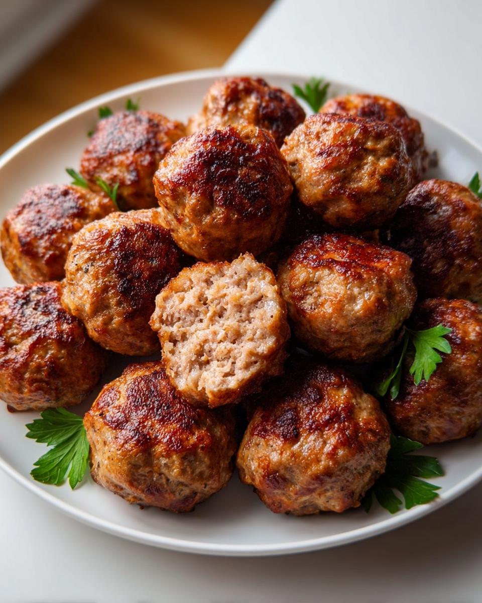 A pile of golden-brown Air Fryer Meatballs with Juicy Texture, one cut open to show the moist interior.