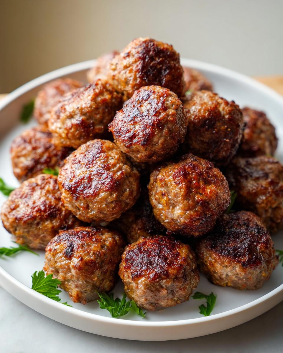 A mound of perfectly browned Air Fryer Meatballs with Juicy Texture piled high on a white plate garnished with parsley.
