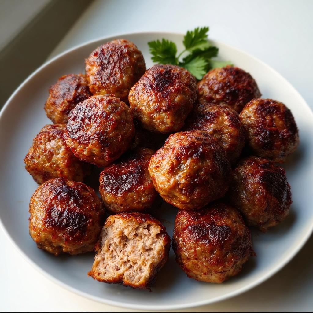 A plate piled high with perfectly browned Air Fryer Meatballs with Juicy Texture, one cut open to show the interior.