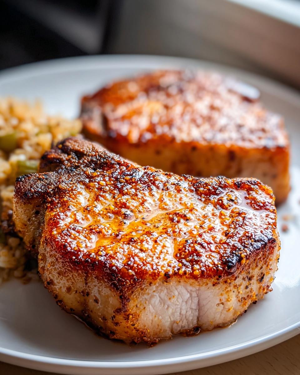Close-up of a thick, juicy Air Fryer Pork Chop with golden edges and a seasoned crust.