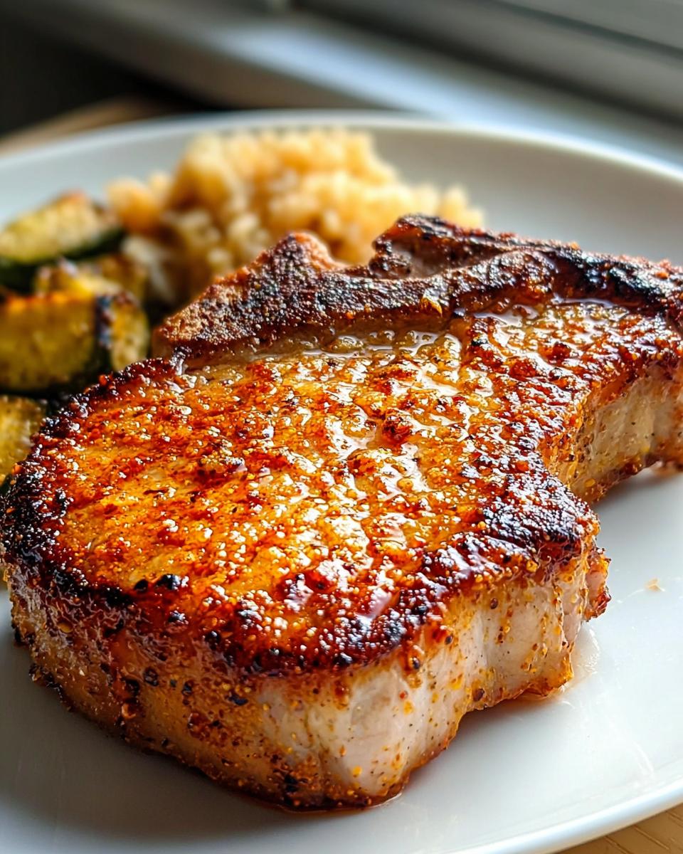 Close-up of a juicy Air Fryer Pork Chop with golden edges and seasoning, served with rice and zucchini.