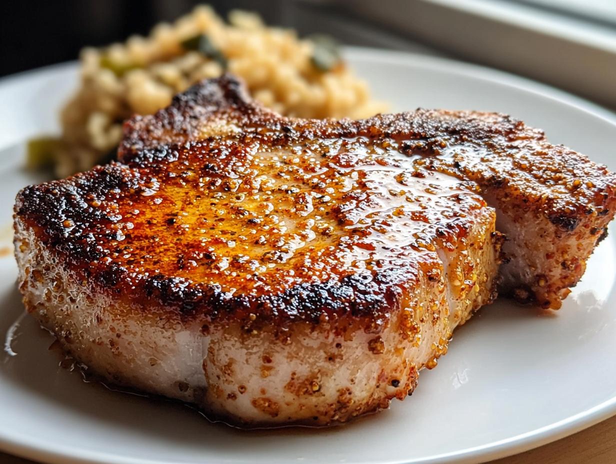 Close-up of a thick Air Fryer Pork Chop with golden, caramelized edges served on a white plate.