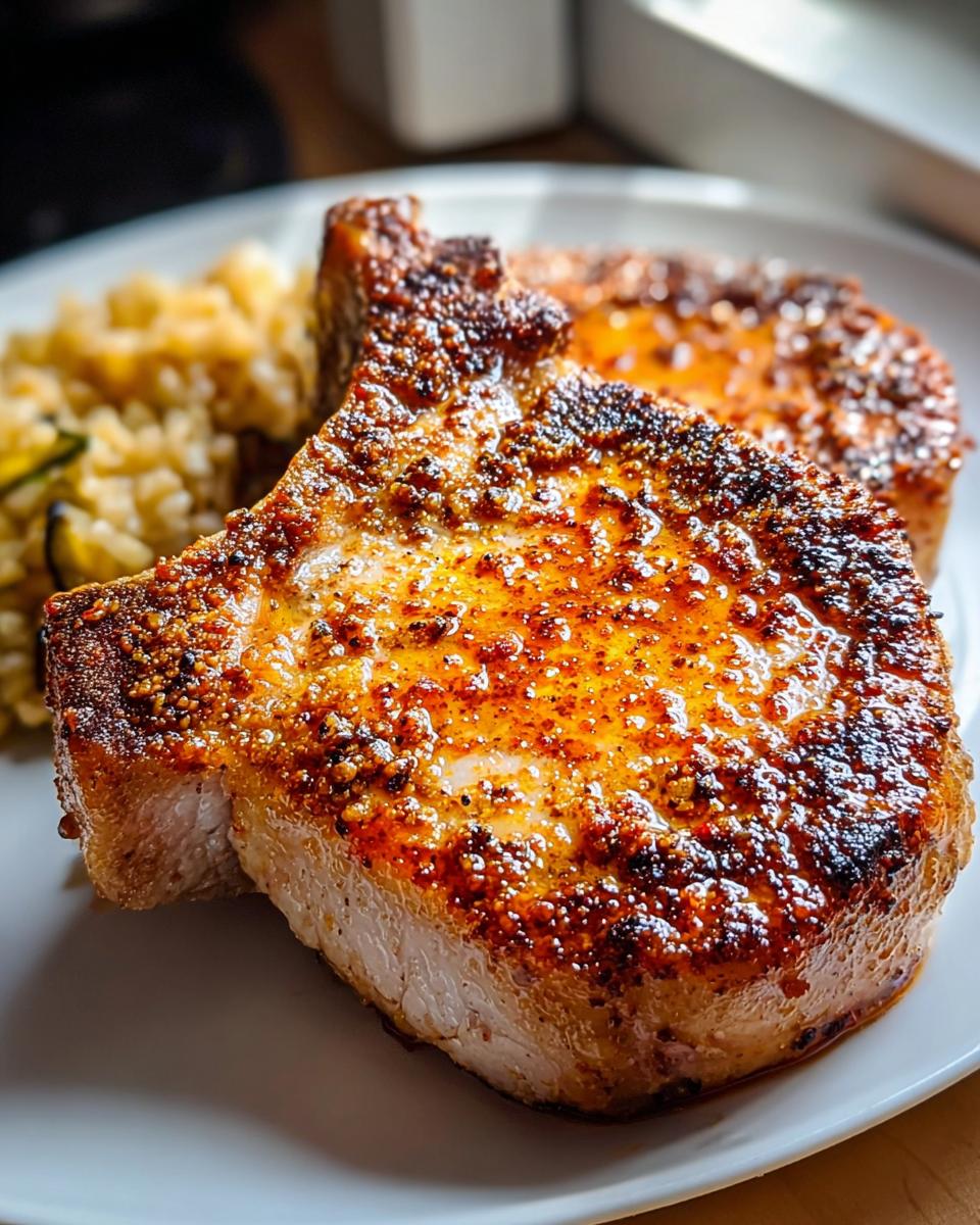 Close-up of thick Air Fryer Pork Chops with Golden Edges, showing a heavily seasoned, caramelized crust.