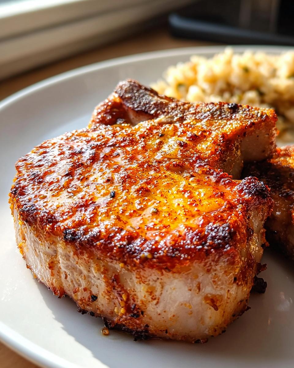 Close-up of thick Air Fryer Pork Chops with Golden Edges, showing a perfectly seared, seasoned crust.