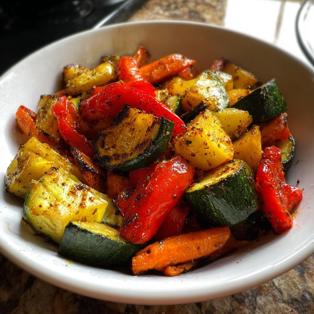 A white bowl filled with colorful Air Fryer Roasted Veggies including zucchini, red peppers, and carrots.