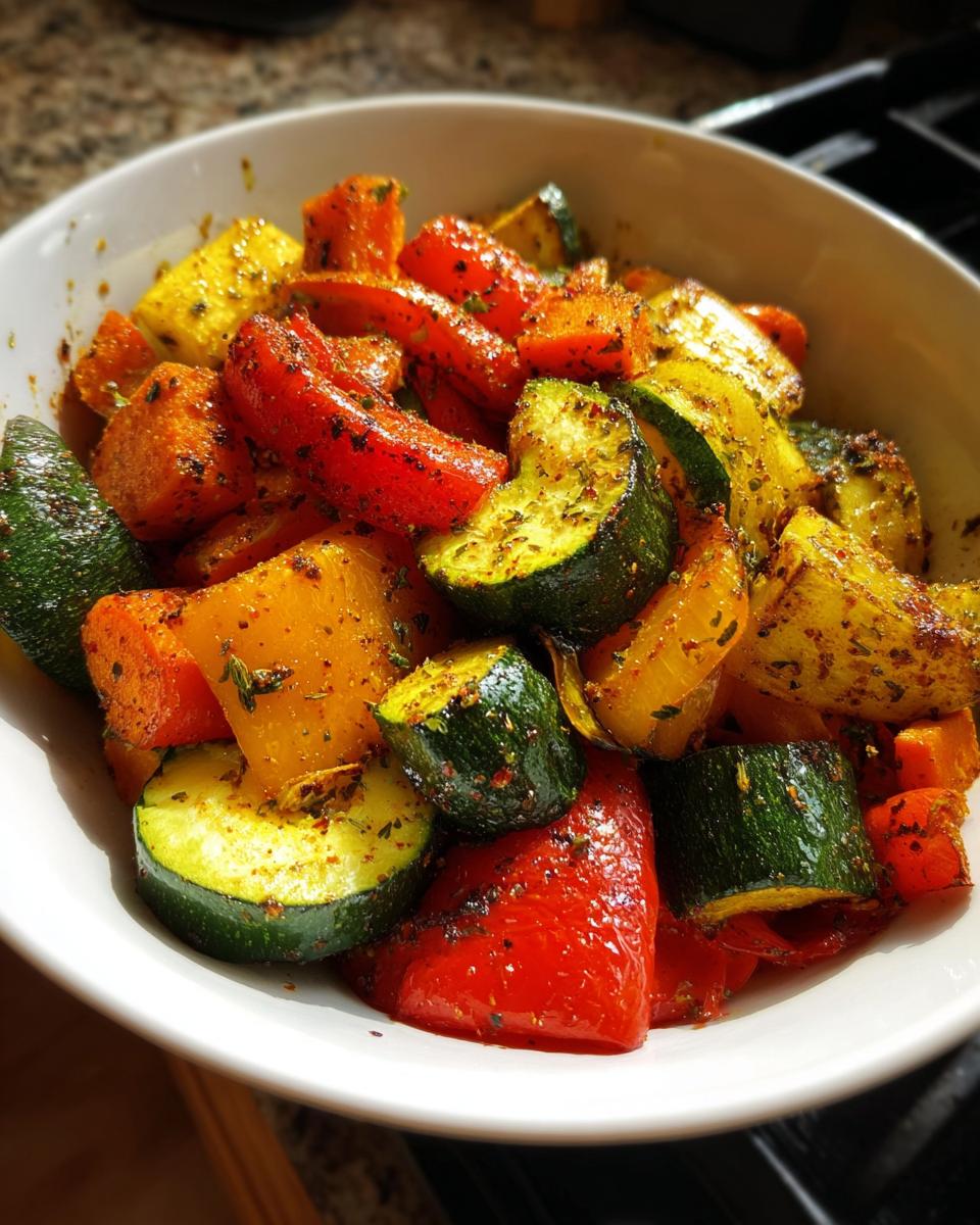 Close-up of colorful Air Fryer Roasted Veggies with Simple Seasoning, including zucchini, peppers, and carrots, in a white bowl.