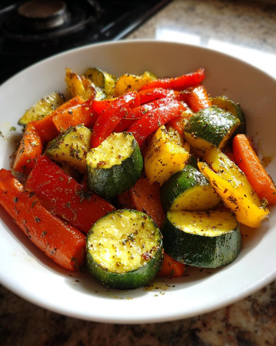 A white bowl filled with colorful Air Fryer Roasted Veggies with Simple Seasoning, including zucchini, carrots, and peppers.
