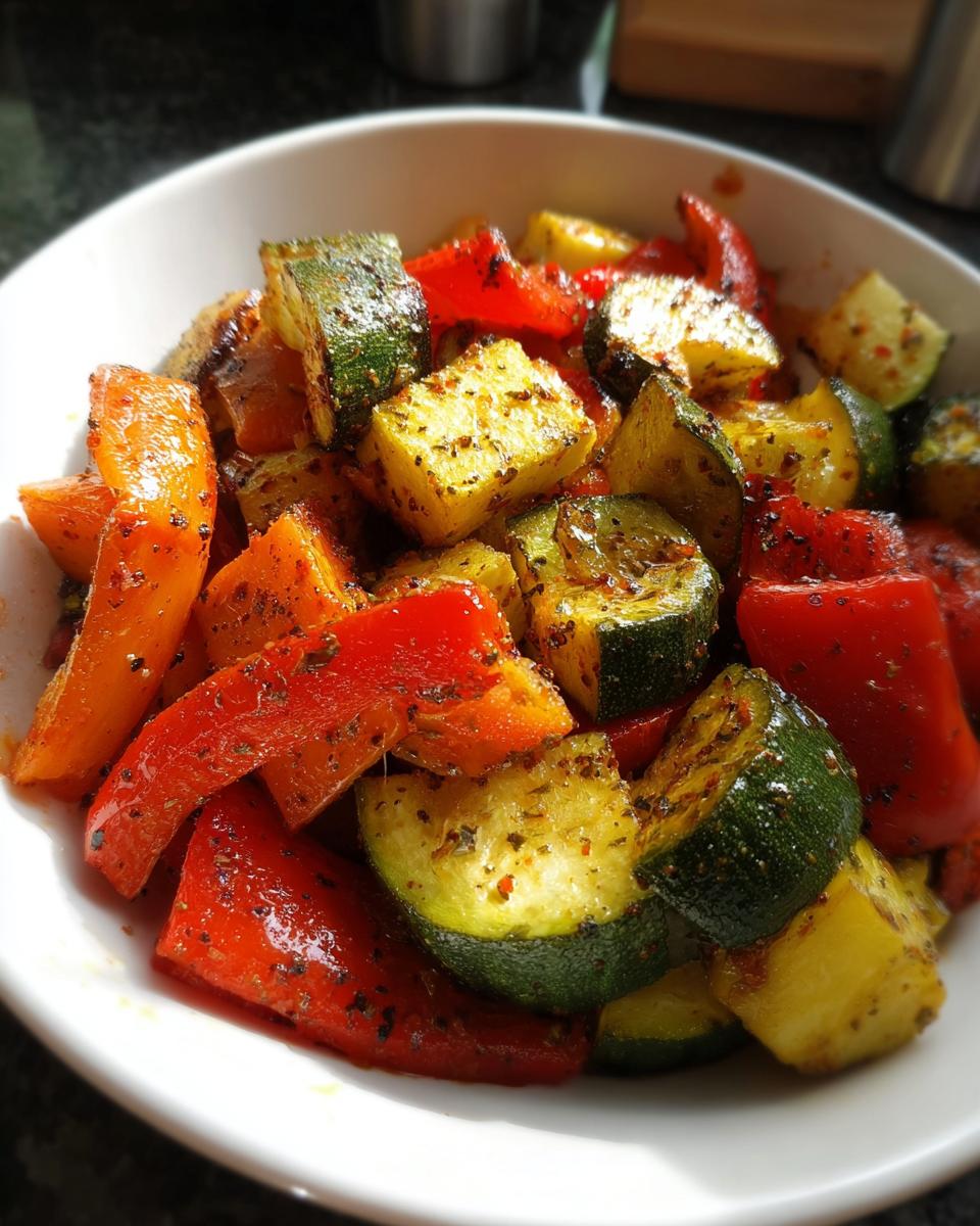 Close-up of colorful Air Fryer Roasted Veggies with Simple Seasoning, featuring zucchini and red peppers.