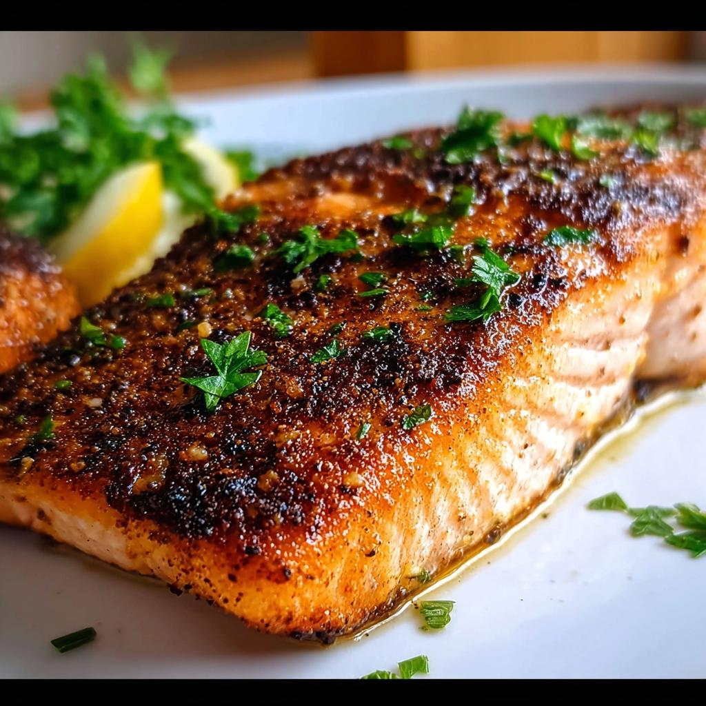 Close-up of a perfectly cooked Air Fryer Salmon with Quick Crisp, seasoned and garnished with parsley.