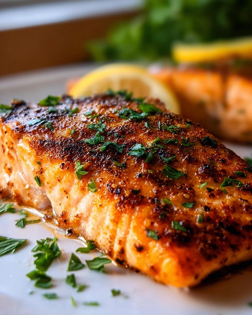 Close-up of a perfectly cooked Air Fryer Salmon with Quick Crisp seasoning and fresh parsley.