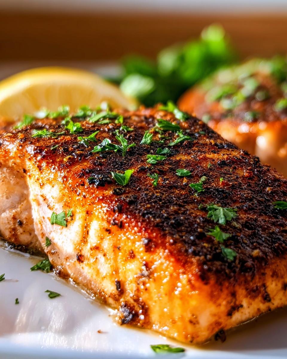 Close-up of a perfectly cooked Air Fryer Salmon with Quick Crisp, seasoned with dark spices and topped with fresh parsley.