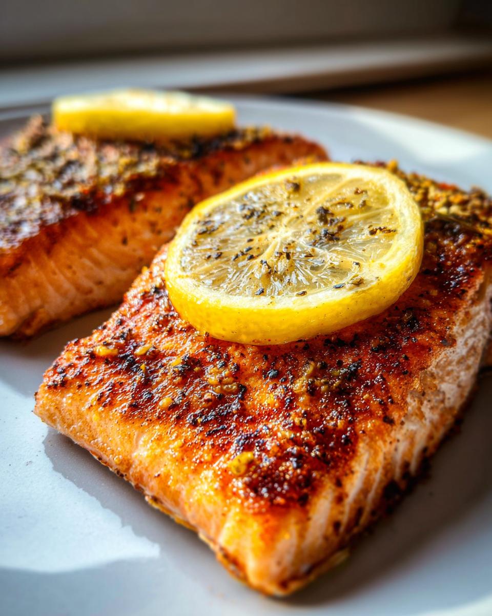 Close-up of two perfectly cooked Air Fryer Salmon fillets topped with a lemon slice and seasoning.