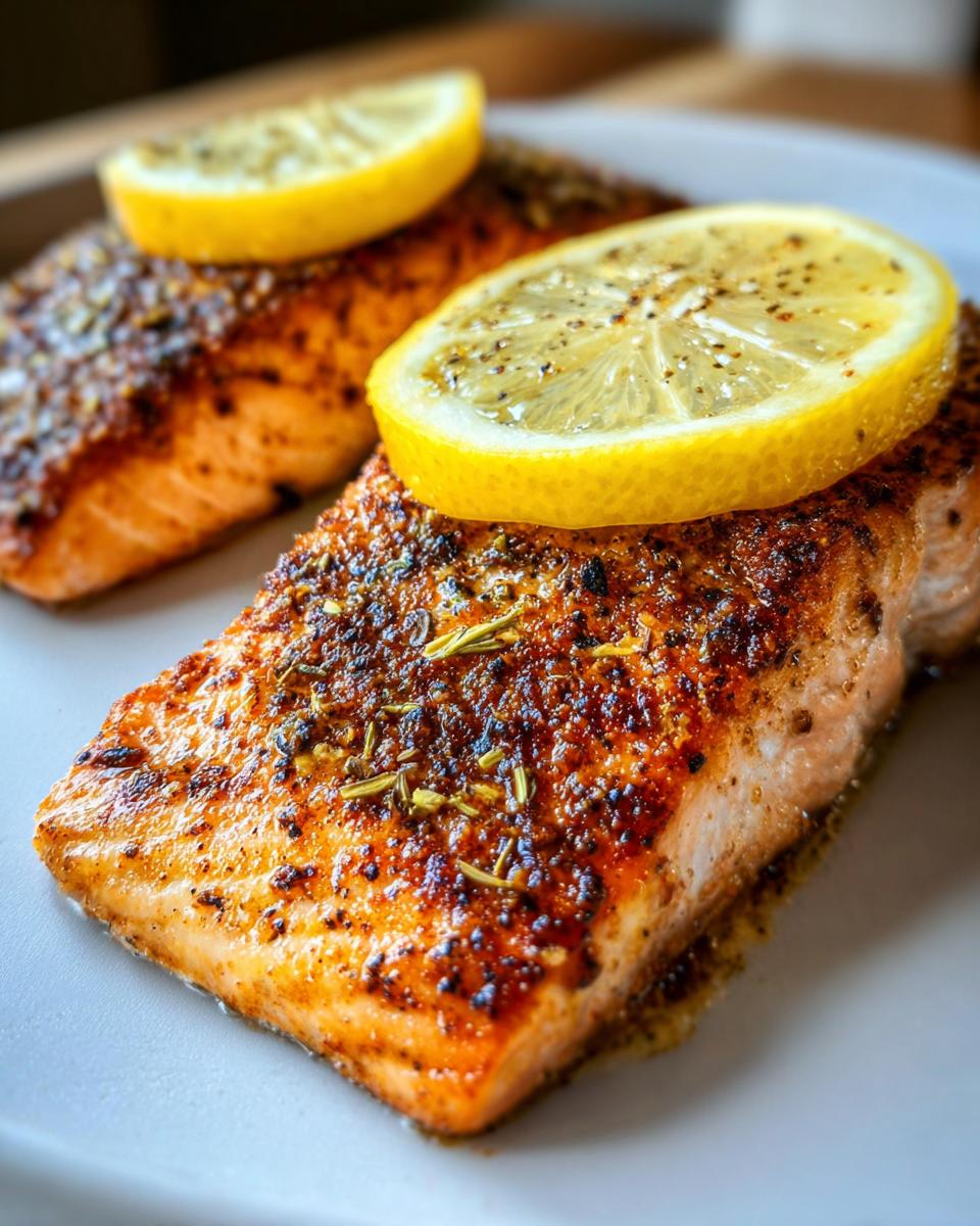 Two perfectly cooked fillets of Air Fryer Salmon with Quick Weeknight Crisp, seasoned and topped with fresh lemon slices.