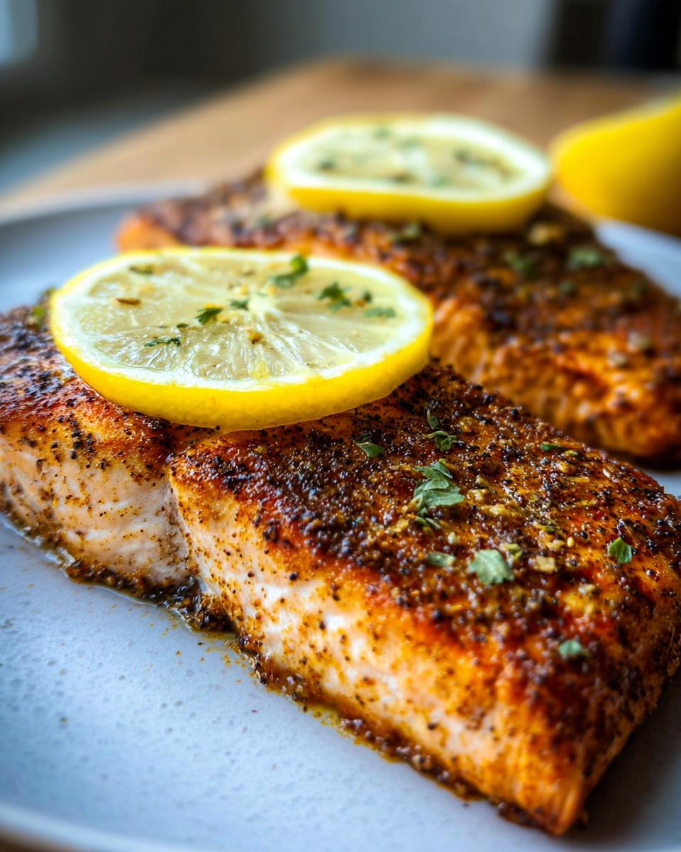 Close-up of seasoned Air Fryer Salmon with Quick Weeknight Crisp, topped with fresh lemon slices and parsley.