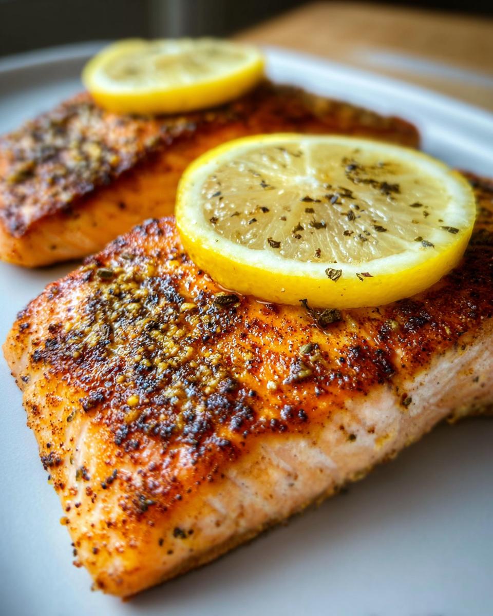 Close-up of perfectly cooked Air Fryer Salmon with Quick Weeknight Crisp, topped with a lemon slice and herbs.