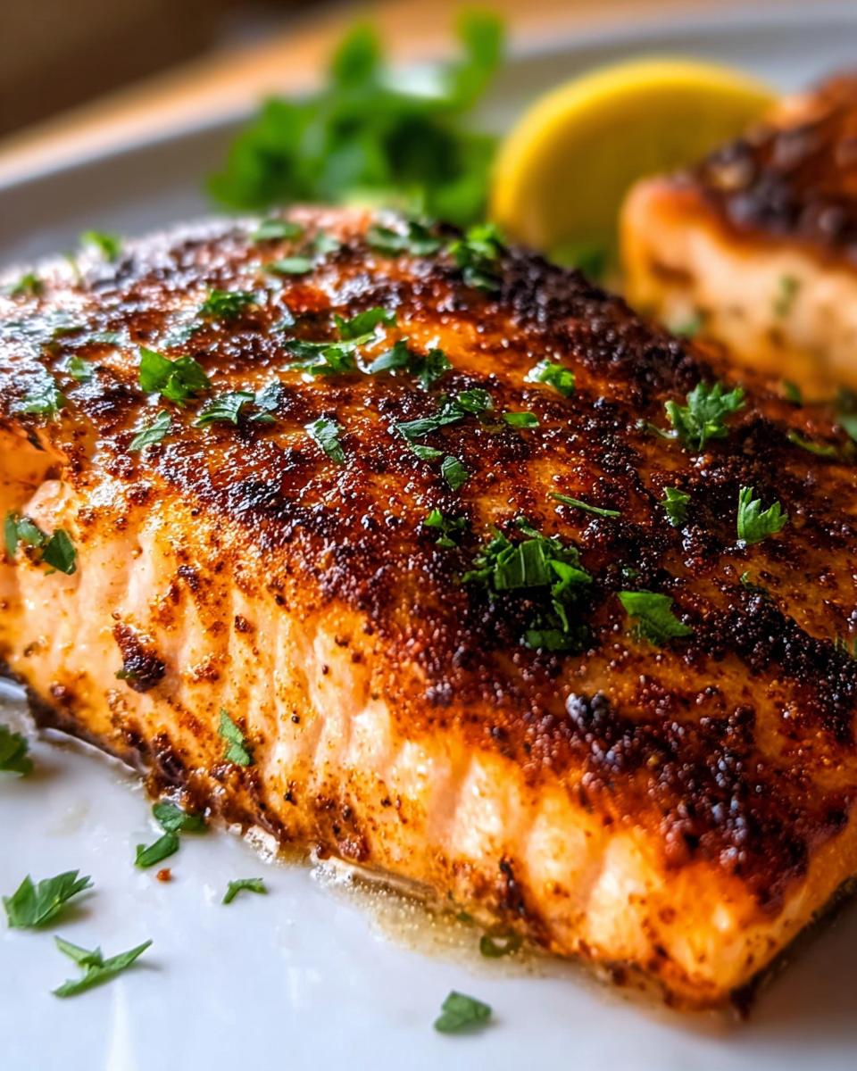 Close-up of a perfectly cooked piece of Air Fryer Salmon with Quick Crisp, seasoned and topped with fresh parsley.