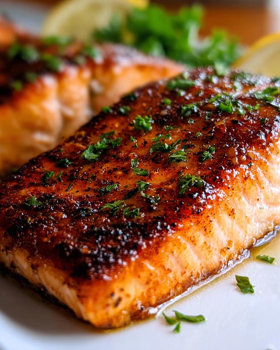 Close-up of a perfectly cooked Air Fryer Salmon with Quick Crisp, showing a dark, seasoned crust and fresh parsley.