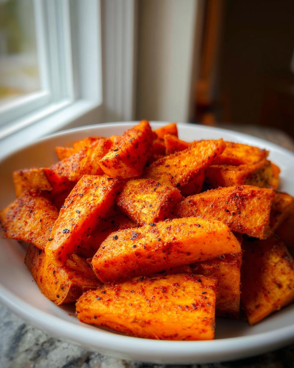 Close-up of bright orange Air Fryer Sweet Potato Wedges with Spice piled high in a white bowl.