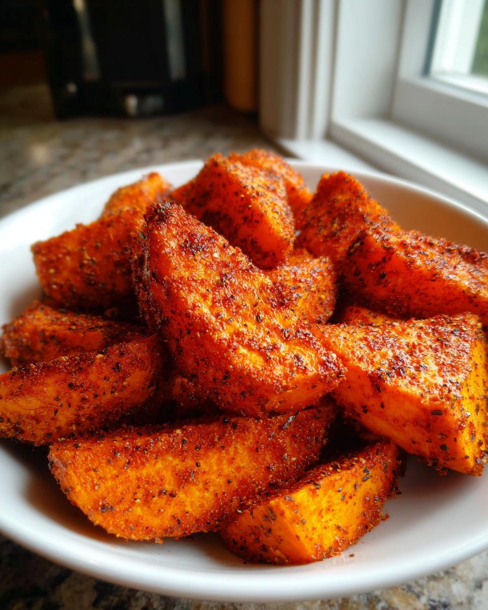 Close-up of vibrant orange Air Fryer Sweet Potato Wedges with Spice piled high in a white bowl.