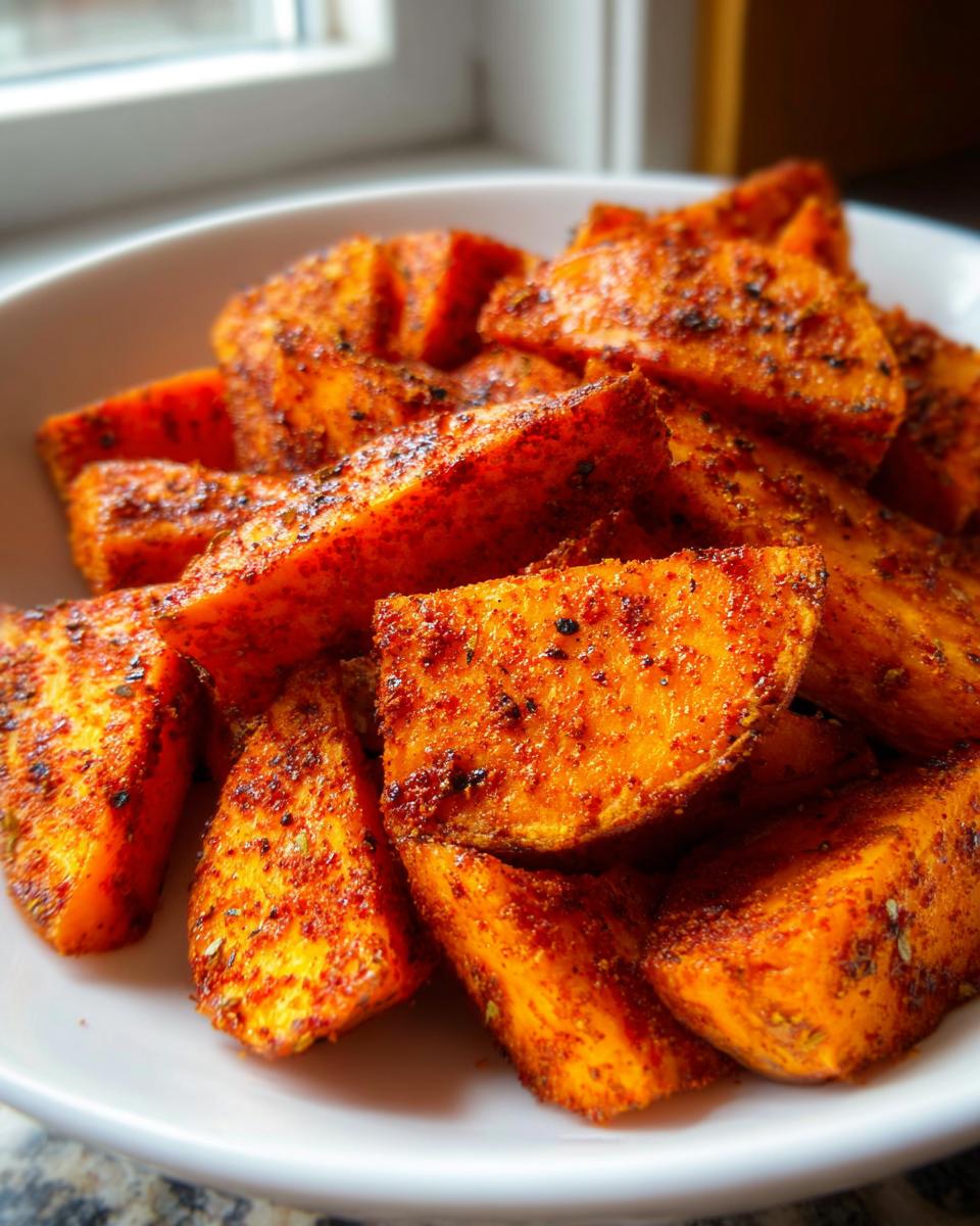 Close-up of vibrant orange Air Fryer Sweet Potato Wedges with Spice piled in a white bowl.
